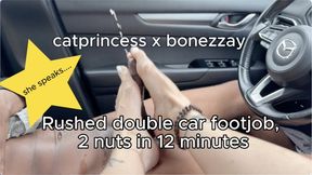 Rushed double fj on way to airport, Cat gave orders and countdowns for first time ever. Extreme cum shower double nut car footjob, Cat Princess at it again draining Bonezzay anywhere and everywhere, 2x back to back, size 9 milf feet on bbc