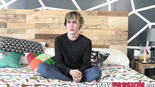 Good looking twink has an interview and jerks it off solo