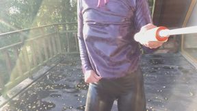 My Rubber Day Outfit Rubbermissy is showing her rubber outfit with shiny clothing, high heels, latex hoodie