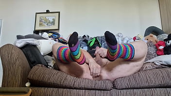 NeonGreenHusky in Rainbow Knee Highs Takes Knot and Cums