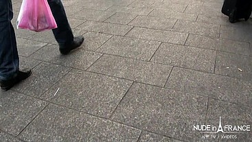 Big boobed french ebony MILF fucks voyeur from the park