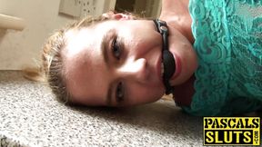 Tied up British blonde bitch gagged and fucked hard