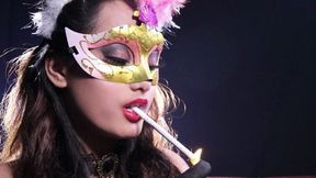 "Aiko smokes misty 120s, Leather Pants, Gloves and Corset"