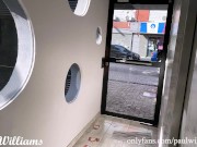 Sexy fitness trainer walks naked to the street and masturbates on public elevator. Very Risky