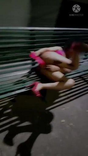 Sissy in Chastity and Slutty Lingerie Masturbating Her Ass with Dildo in a Public Park at Night.