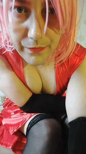 Red Dressed Sexy Cute Young Femboy with Pretty Boobs