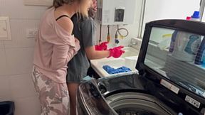Two lesbians having silent sex in the kitchen