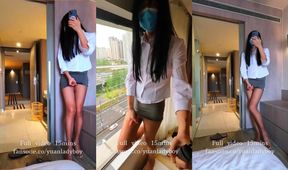 Chinese ladyboy strokes thick cock during hotel peak checkout