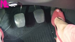 Barefoot Driving and Revving in Vivid Pink High Heeled Sandals