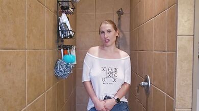 Trying on a see through red dress