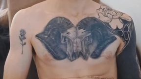 Skinny tatted guy jerks off and cums