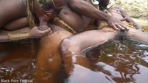 Skinny busty tribal girls give sloppy BJ on village chief's cock