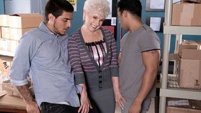 Two young men fucked a long-legged blonde mature Jewel