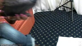 Ample black transvestite in overall fishnet gives masturbation in pov