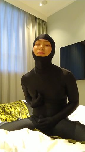 Japanese crossdresses masturbate wearing open face zentai   Clip 1