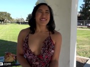 Mia Li shows off her bushy pussy in some outdoor upskirt fun