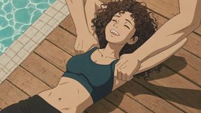 cute anime manga babe lays next to a pool and has her armpits and boobs tickled