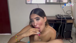 hot blonde in blue dress Sucking Dick and swallowing cum before going to a convention