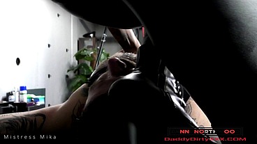 Perfect leather clad ass straddles hunks face