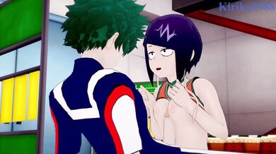 Kyoka Jiro bent over gym storage racks Izuku Midoriya strokes her slutty flatboobs hard