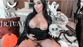 Virtual Morticia Addams cosplay: POV doggy, ride, cumshot