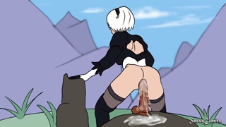2D Huge BBC Dildo Anal on Mountain Top - Nier Automata Parody - Outdoor Animated public Cartoon porn