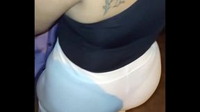 Big mature woman walks street in see-through leggings