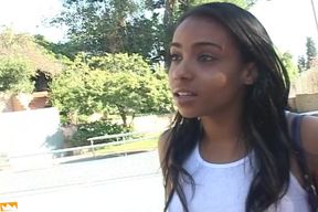 Ebony teen gets her mouth and tight cunt pounded hard by man with huge cock
