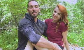 Redhead French gf blows dick in the woods