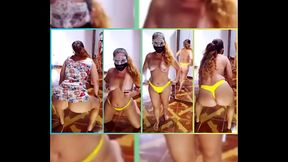 Striptease, printed white dress and yellow panties