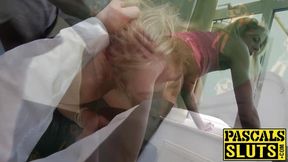 Tall stunner Jentina Small takes it in mouth then rides hard