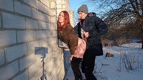 Sexy Russian Redhead winter fucking near abandoned building