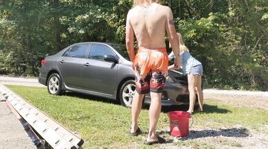Petite Nympho Pleasures Stranger with Best Car Wash Gets Soaked in Cum