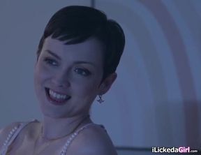 Jade Valentine and her bff get horny watching a sex scene in a movie.She kisses and sucks her big tits.The busty milf facesits after licking her pussy