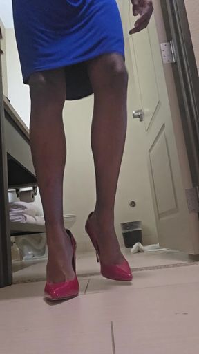 Red high heels and a blue dress, loving my legs and shoes