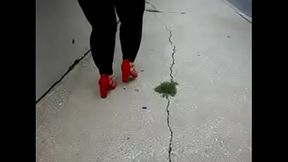 BBW Latina Milf walking with big  thick shapely legs  in leggings and heels (red)