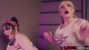 Teen enjoyed hardcore pussy rough fucking on sex swing with horny shemales