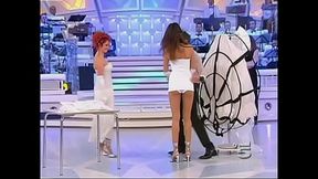 White panty upskirt on live Italian TV