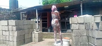 Sexy Village Girl Bath Outside the Compound