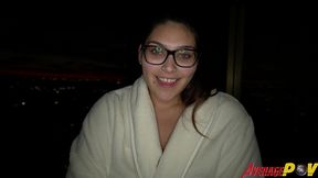 cute chubby teen fitsid gives blowjob on balcony at night for facial