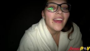 cute chubby teen fitsid gives blowjob on balcony at night for facial