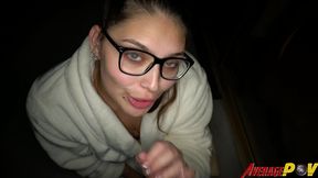 cute chubby teen fitsid gives blowjob on balcony at night for facial