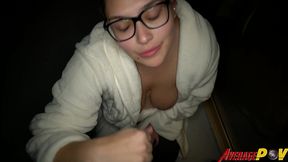 cute chubby teen fitsid gives blowjob on balcony at night for facial