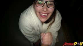 cute chubby teen fitsid gives blowjob on balcony at night for facial