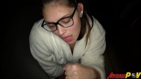 cute chubby teen fitsid gives blowjob on balcony at night for facial