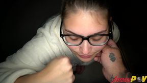 cute chubby teen fitsid gives blowjob on balcony at night for facial