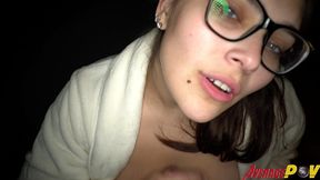 cute chubby teen fitsid gives blowjob on balcony at night for facial