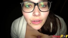 cute chubby teen fitsid gives blowjob on balcony at night for facial