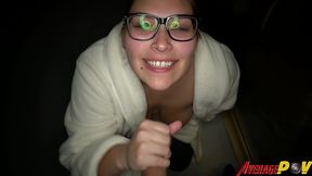 cute chubby teen fitsid gives blowjob on balcony at night for facial