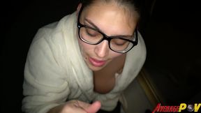 cute chubby teen fitsid gives blowjob on balcony at night for facial